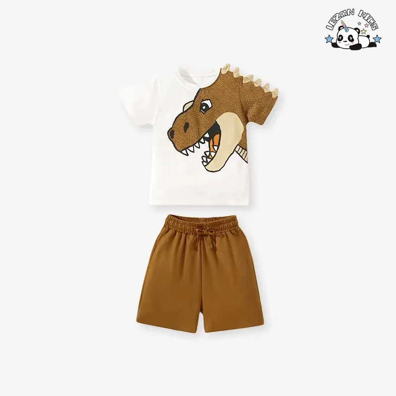 Wholesale Customization 100% cotton printed cool dinosaurs 2pcs outfits boys clothing sets - Product Image