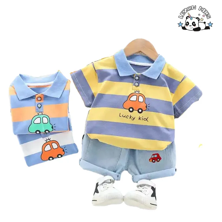 Atacado de Conjuntos de Roupas para Meninos de Alta Qualidade com Impressão de Carro e Letra Fofo 100% Algodão 2 Peças - Product Image