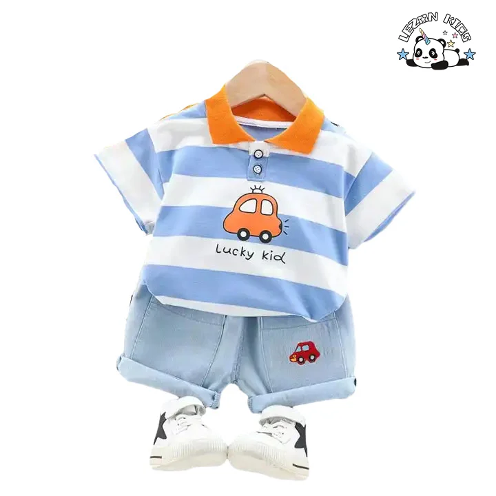 Atacado de Conjuntos de Roupas para Meninos de Alta Qualidade com Impressão de Carro e Letra Fofo 100% Algodão 2 Peças - Product Image