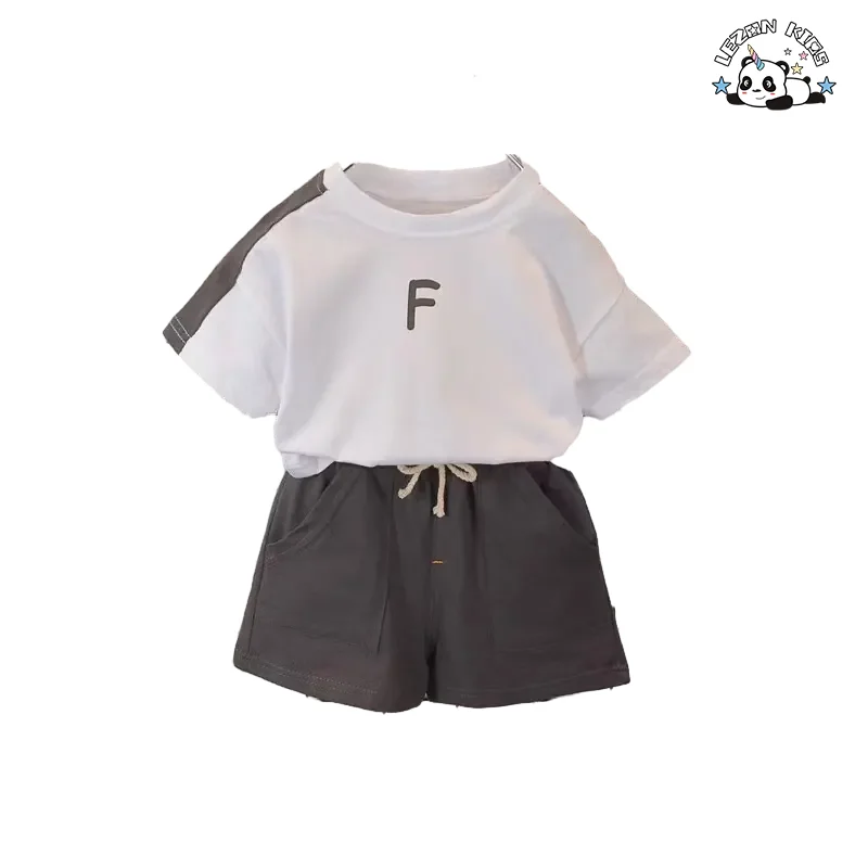 Wholesale New Innovations 100% cotton letter printing t-shirt and shorts summer boys clothing set - Product Image