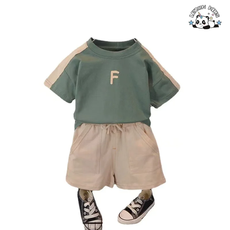 Wholesale New Innovations 100% cotton letter printing t-shirt and shorts summer boys clothing set - Product Image