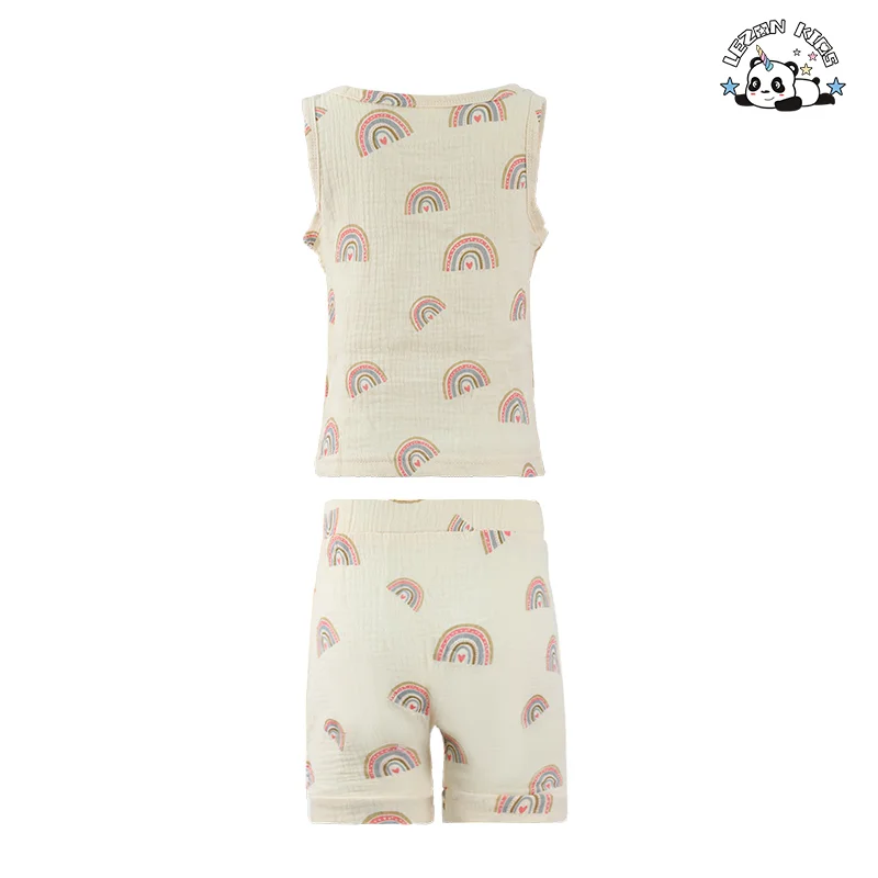 100% Cotton Denim Crop Top Ruffles Rainbow Printed Shorts Set Girls Clothing Sets for 2-14 Years - Product Image