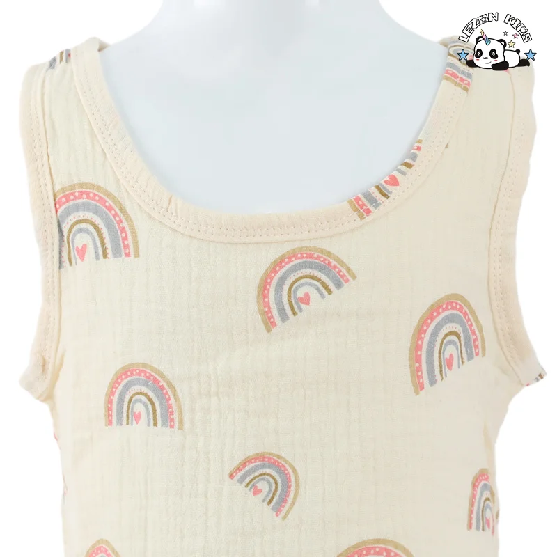 100% Cotton Denim Crop Top Ruffles Rainbow Printed Shorts Set Girls Clothing Sets for 2-14 Years - Product Image