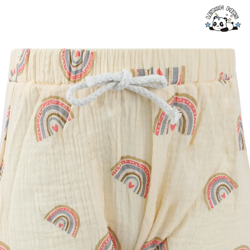 100% Cotton Denim Crop Top Ruffles Rainbow Printed Shorts Set Girls Clothing Sets for 2-14 Years - Product Image