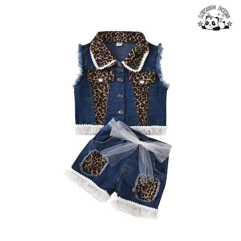 2023 New Children Sleeveless Lapel Denim Top and Shorts Set Leopard Print Patchwork Mesh Girls Clothing