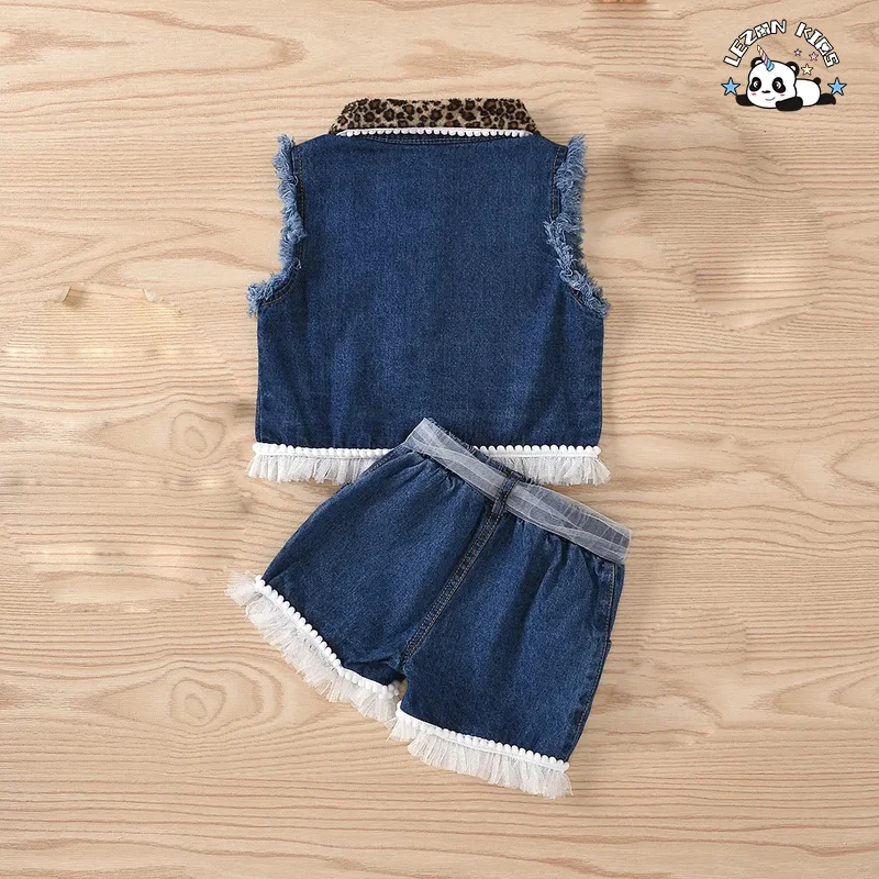 2023 New Children Sleeveless Lapel Denim Top and Shorts Set Leopard Print Patchwork Mesh Girls Clothing - Product Image