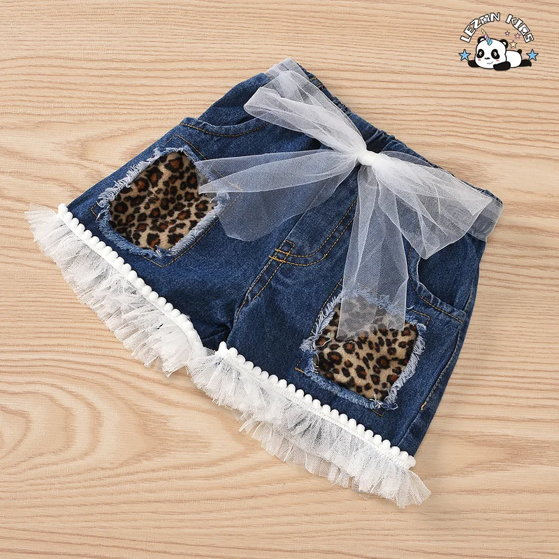 2023 New Children Sleeveless Lapel Denim Top and Shorts Set Leopard Print Patchwork Mesh Girls Clothing - Product Image