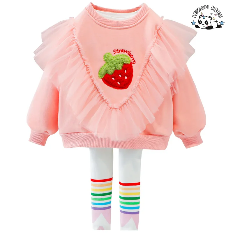 2023 New Sweet Girls Brush Fleece Tulle Ruffle Hoodie Set Girls Winter Clothing Sets for 1 to 7 years