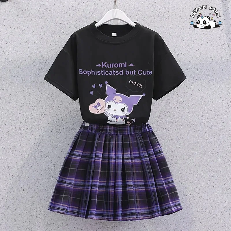 2023 Summer Scottish style printed T shirt and plaid skirt girls boutique clothes sets - Product Image