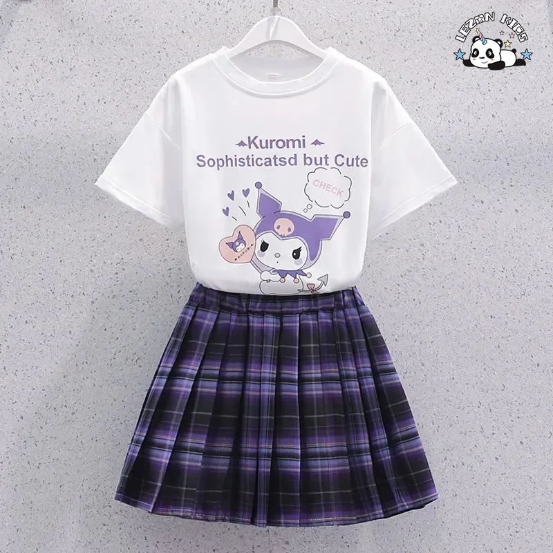 2023 Summer Scottish style printed T shirt and plaid skirt girls boutique clothes sets - Product Image