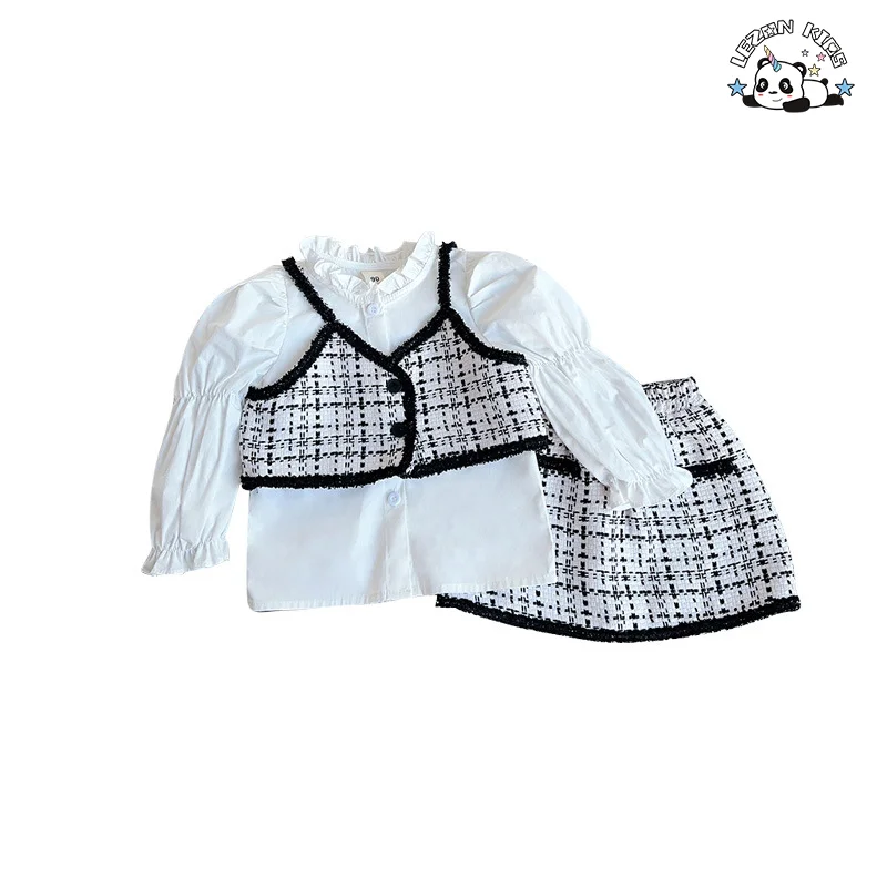 2023 spring girls shirt sling top  half skirt set  Black and white square grid girls clothing