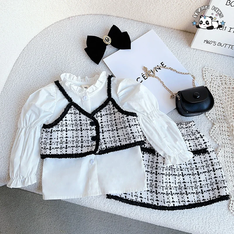 2023 spring girls shirt sling top half skirt set Black and white square grid girls clothing - Product Image