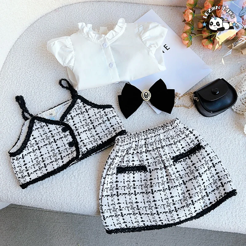 2023 spring girls shirt sling top half skirt set Black and white square grid girls clothing - Product Image