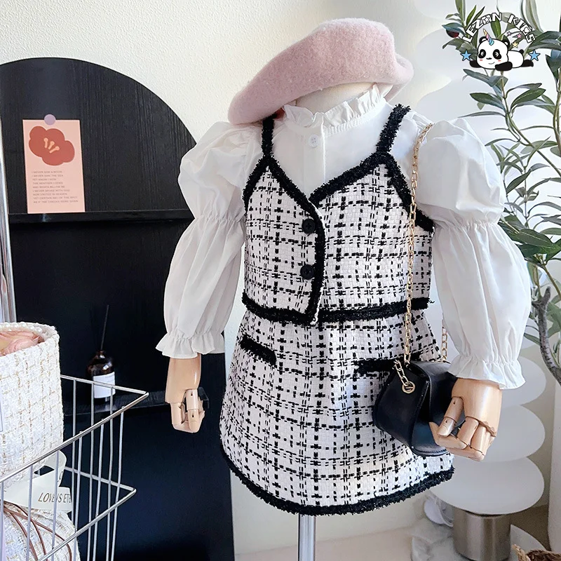 2023 spring girls shirt sling top half skirt set Black and white square grid girls clothing - Product Image