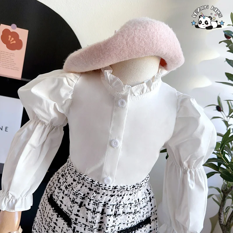 2023 spring girls shirt sling top half skirt set Black and white square grid girls clothing - Product Image