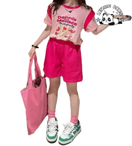 2024 High Quality summer cool casual hip hop cotton printed cute animal girls clothing sets - Product Image