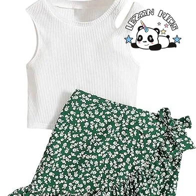 2024 Hot Sale 2 Piece Outfits Cut Out Ribbed Knit Tank Top And Floral Ruffle Hem Skirt Set for girls