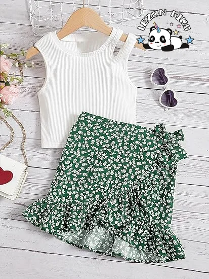 2024 Hot Sale 2 Piece Outfits Cut Out Ribbed Knit Tank Top And Floral Ruffle Hem Skirt Set for girls - Product Image