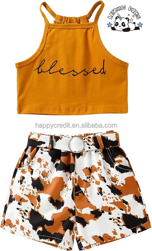 2024 Hot Sale Halter Sleeveless Vest Top Camouflage Shorts with Belt Cute Summer Outfits Set for Girls - Product Image