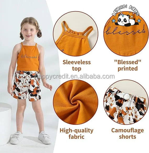 2024 Hot Sale Halter Sleeveless Vest Top Camouflage Shorts with Belt Cute Summer Outfits Set for Girls - Product Image