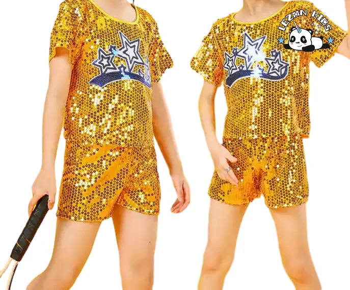 2024 Hot Sale Summer Autumn Performance Sequin Patches Hip Hop Cheer Leading Boys and Girls Clothing Sets - Product Image