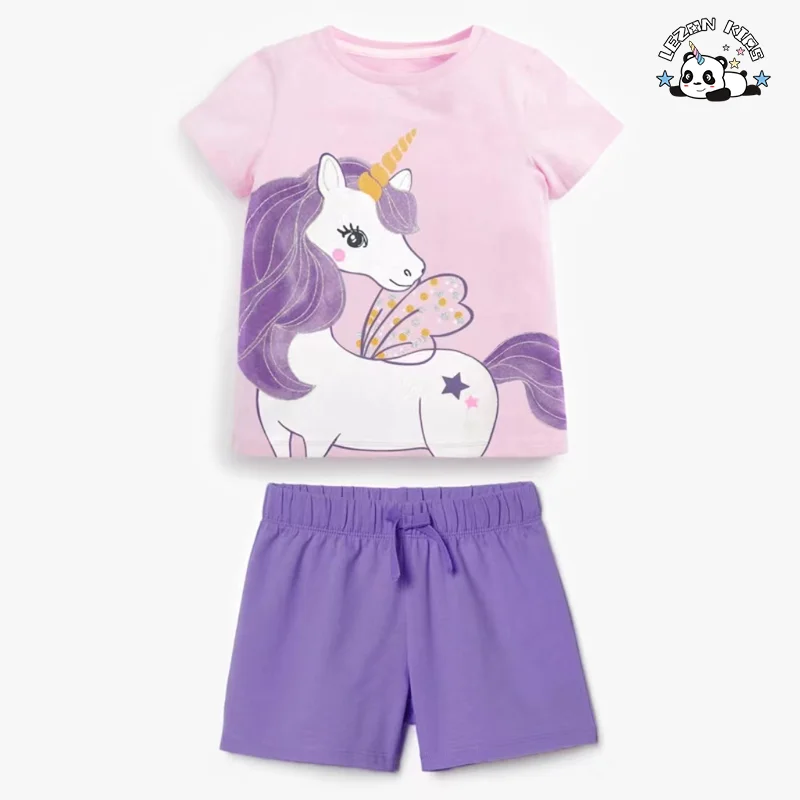 2024 New Fashion Baby Girls Short-sleeved Cotton Shorts Purple Unicorn Print Girls Clothing Sets