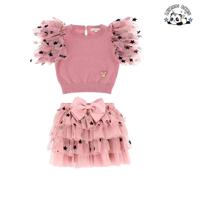 2024 New Girls Suit 2-14T Size Children Party Round Neck Flying Sleeve Top and Skirt Kids Suit
