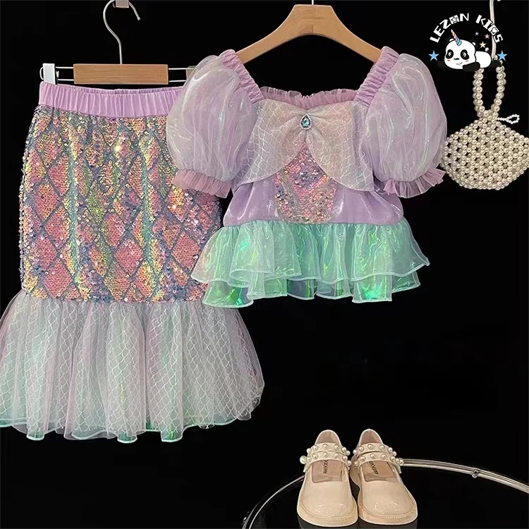 2024 Spring Summer New Sequined Mermaid Cute Little Girls Clothing Sets Luxury for 2-14 Years