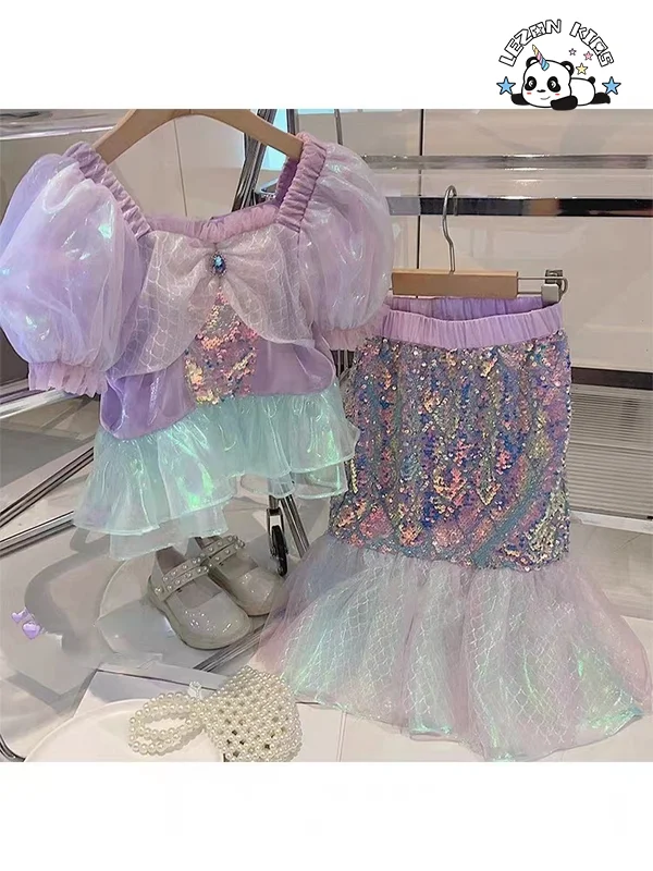 2024 Spring Summer New Sequined Mermaid Cute Little Girls Clothing Sets Luxury for 2-14 Years - Product Image