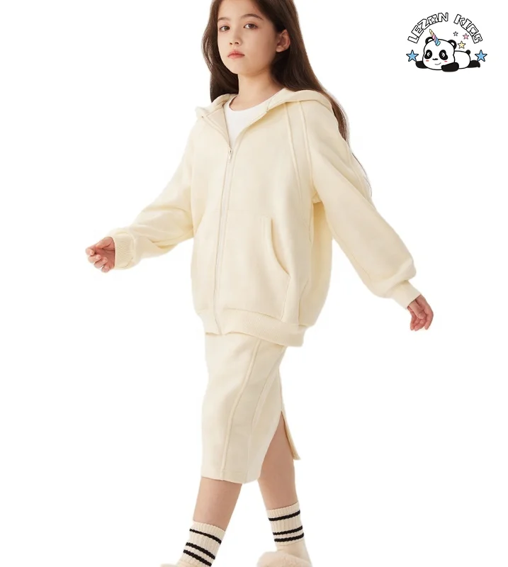 Autumn and Winter New Fashion Kids Casual Plain Hooded Pullover Split Skirt  Girls Hoodie & Sweatshirt Set