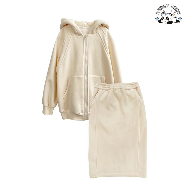 Autumn and Winter New Fashion Kids Casual Plain Hooded Pullover Split Skirt Girls Hoodie & Sweatshirt Set - Product Image
