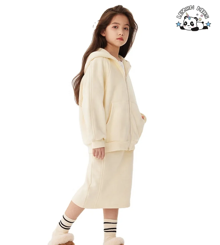 Autumn and Winter New Fashion Kids Casual Plain Hooded Pullover Split Skirt Girls Hoodie & Sweatshirt Set - Product Image