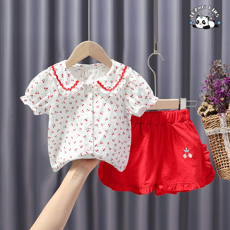 Roupas de Bebê Menina 2 Peças Conjunto com Babados Camisa Branca + Calças Jeans Rasgadas para Meninas