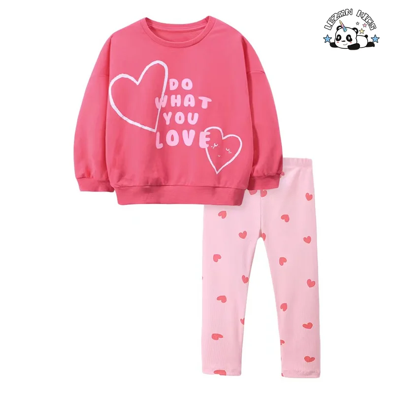 Best Price Long Sleeve Cartoon Sweatshirt Suit Cotton Crew Neck Custom Kids Girls Clothing Sets
