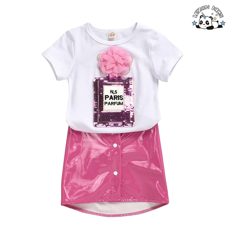 Best Selling Girls Sequined Cartoon Embroidered Short Sleeved Top Leather Stretch Skirt Girls Sets