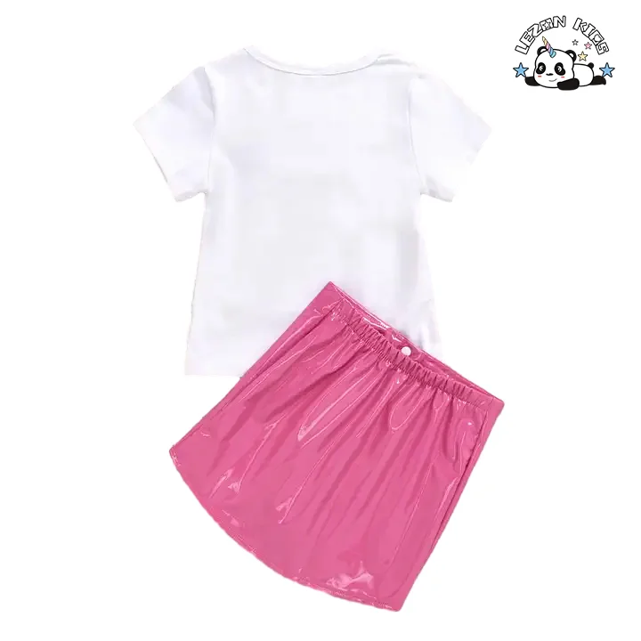 Best Selling Girls Sequined Cartoon Embroidered Short Sleeved Top Leather Stretch Skirt Girls Sets - Product Image