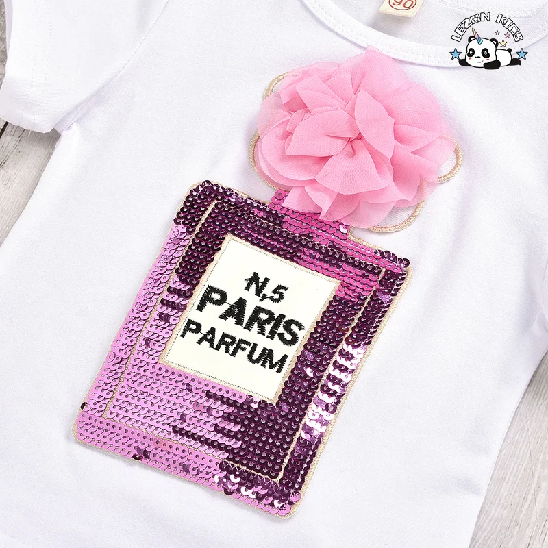 Best Selling Girls Sequined Cartoon Embroidered Short Sleeved Top Leather Stretch Skirt Girls Sets - Product Image