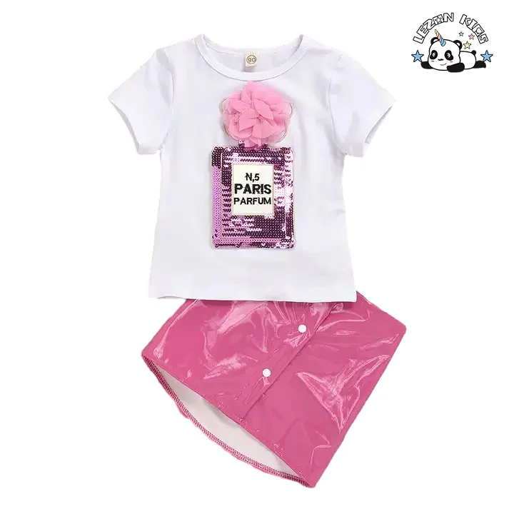 Best Selling Girls Sequined Cartoon Embroidered Short Sleeved Top Leather Stretch Skirt Girls Sets - Product Image