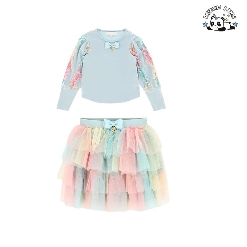 Color Size Customization Light Blue Weeding Party Kids Set  2024 Girl Clothing Spring Set