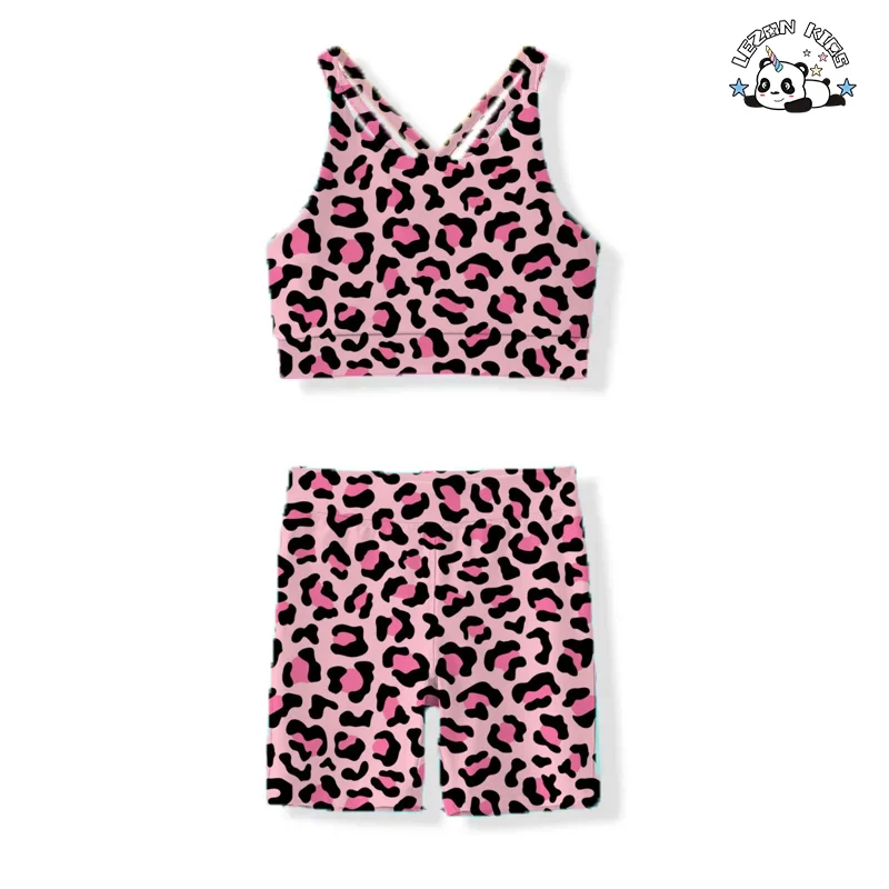 Cool Leopard Sports Set Legging Two Pieces Girls Biker Jogger Clothing Set