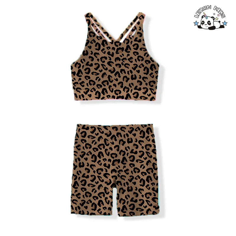 Cool Leopard Sports Set Legging Two Pieces Girls Biker Jogger Clothing Set - Product Image