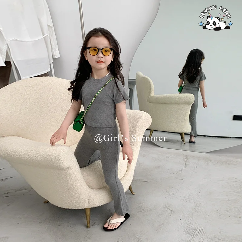 Cotton Comfortable Short Sleeve T-shirt + High Elastic Flared Pants Two-piece Baby Girls Summer Clothing - Product Image