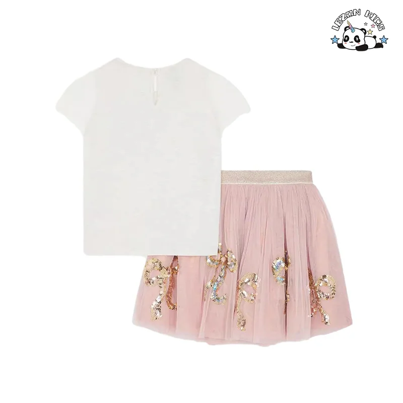 Custom 2-14T Kids Casual Suit Cute Star Sequin Patch Short Sleeve T-shirt and Skirt Sets - Product Image