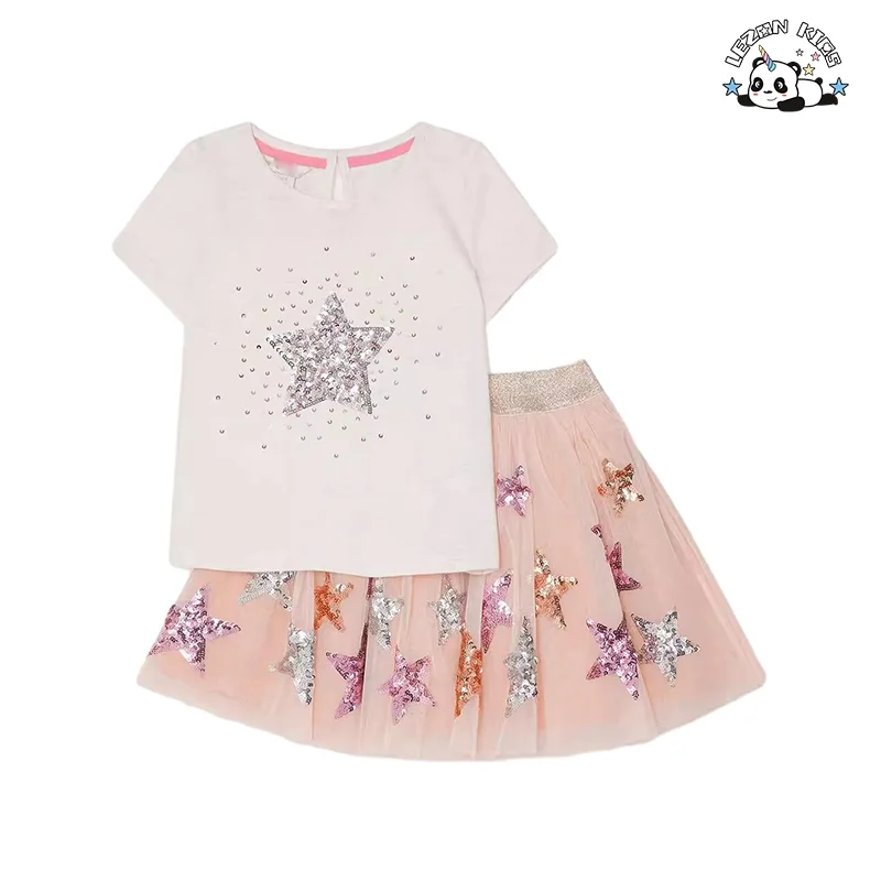 Custom 2-14T Kids Casual Suit Cute Star Sequin Patch Short Sleeve T-shirt and Skirt Sets - Product Image