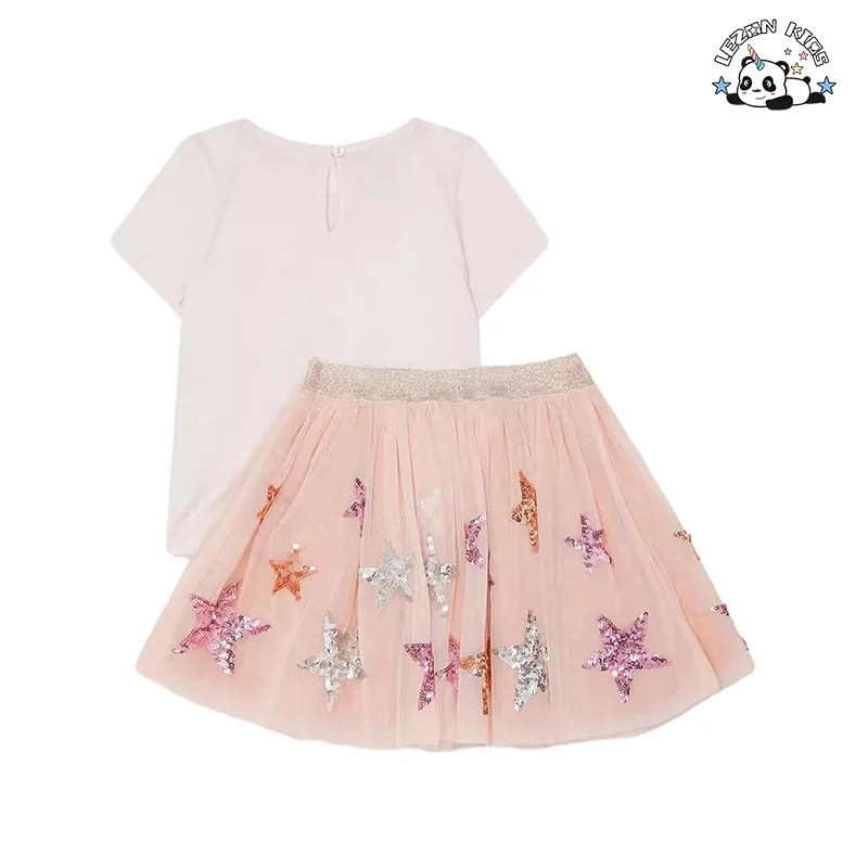 Custom 2-14T Kids Casual Suit Cute Star Sequin Patch Short Sleeve T-shirt and Skirt Sets - Product Image