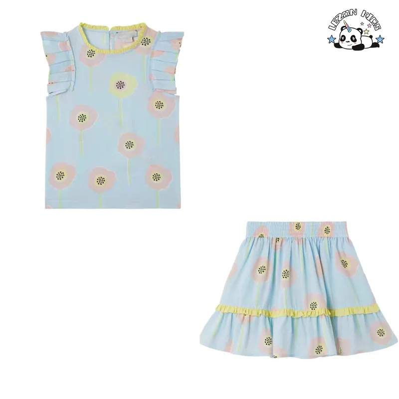 Custom 2-14T Kids Casual Suit Sweet Flower Printing  Sleeveless T-shirt and Skirt Sets