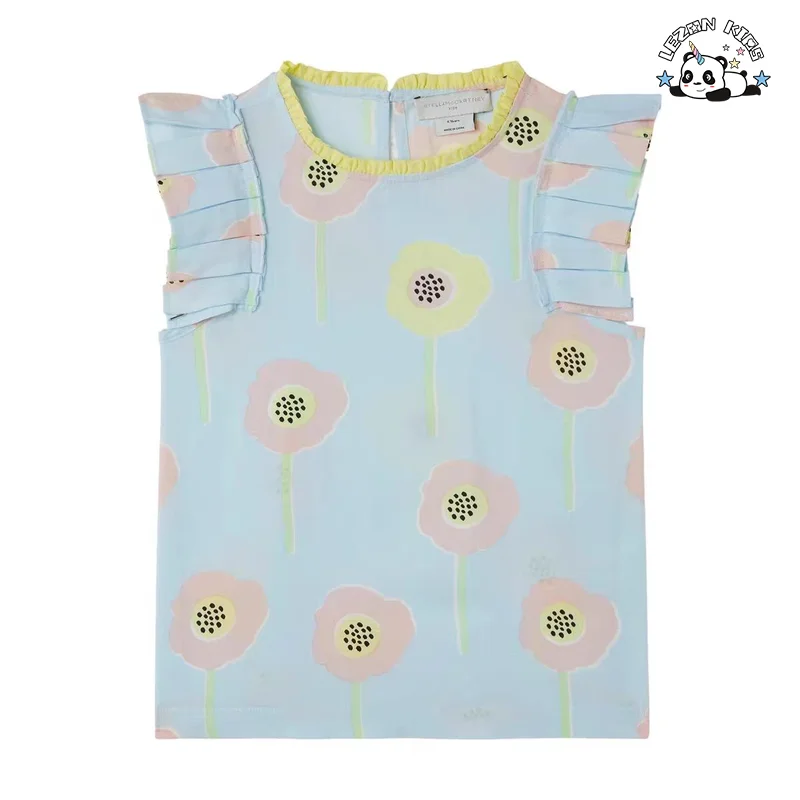 Custom 2-14T Kids Casual Suit Sweet Flower Printing Sleeveless T-shirt and Skirt Sets - Product Image