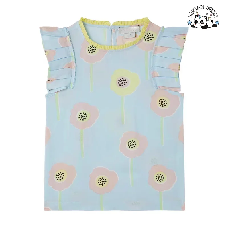 Custom 2-14T Kids Casual Suit Sweet Flower Printing Sleeveless T-shirt and Skirt Sets - Product Image