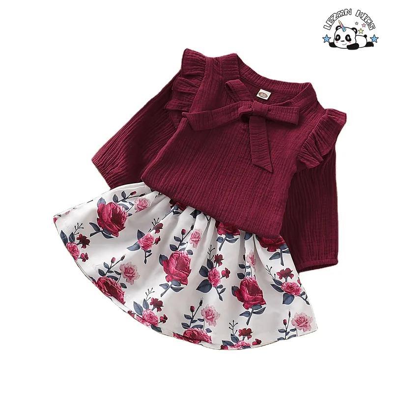 Custom Children's Clothing Long Sleeved Tops Printed Skirt Two Piece Body Suit Girls Suit in Red