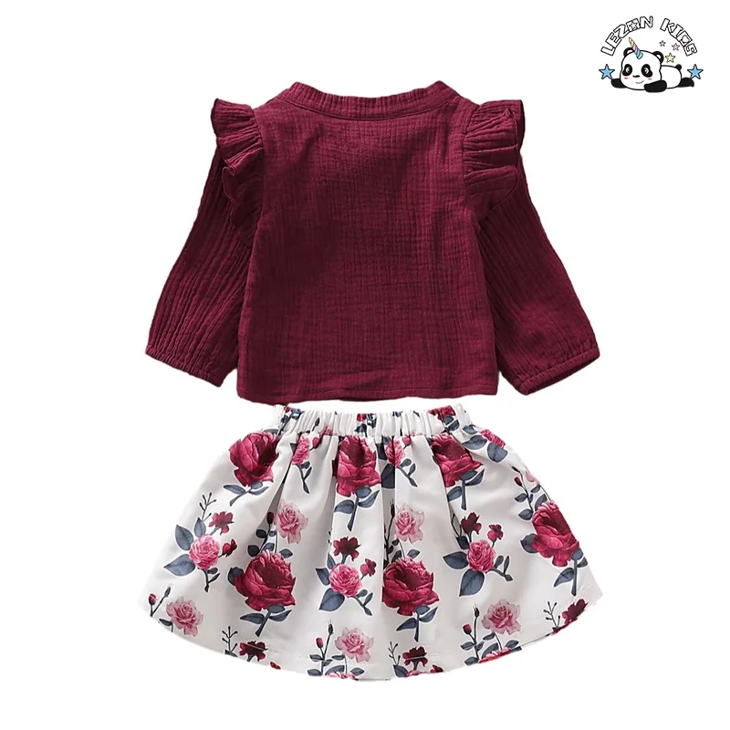 Roupas infantis personalizadas, tops de manga comprida e saia estampada, conjunto de duas peças para meninas em vermelho - Product Image